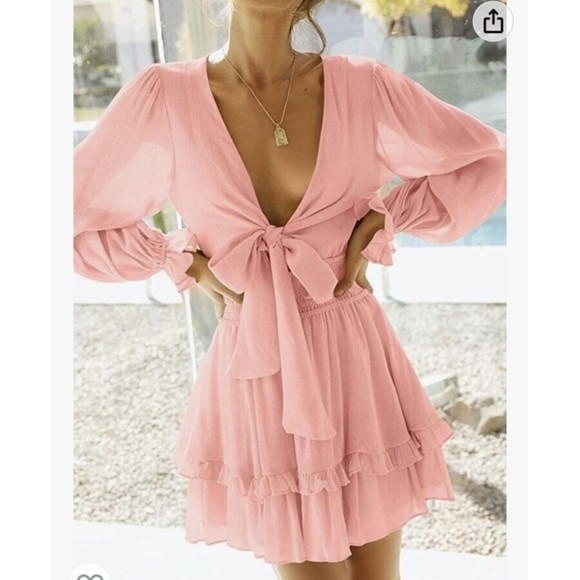 zescia womans sexy long sleeve dress w/tie, smocked waist sz womans sm NWT - Picture 3 of 14